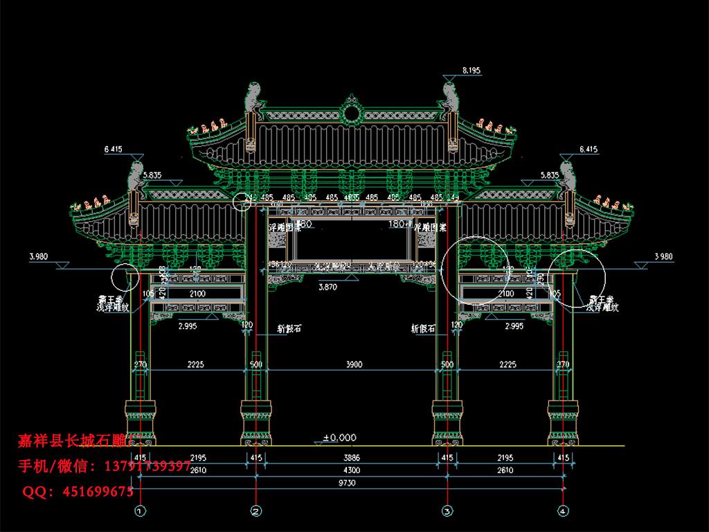 三門(mén)三樓牌坊CAD圖樣式